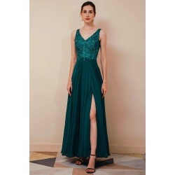 Dark Green V-neck Open-back Sleeveless Lace Evening Dress