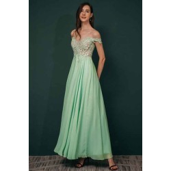 Mint Green Chiffon See-through Off-the-shoulder Lace Evening Dress