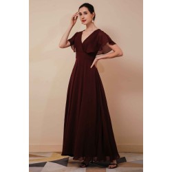 Elegant Rust Cool-shoulder V-neck Chiffon Evening Dress