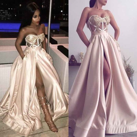 Gorgeous Sweetheart Long Prom Dress Slit Evening Gowns Appliques