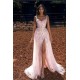 Pink Straps Sweetheart Long Prom Dress Mermaid Ruffles Evening Gowns With Slit