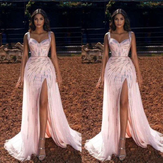 Pink Straps Sweetheart Long Prom Dress Mermaid Ruffles Evening Gowns With Slit