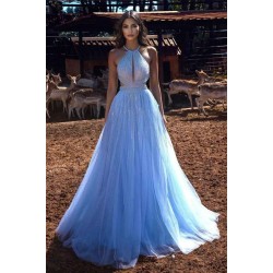 Blue Halter Beadings Long Prom Dress Tulle Evening Party Gowns