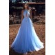 Blue Halter Beadings Long Prom Dress Tulle Evening Party Gowns