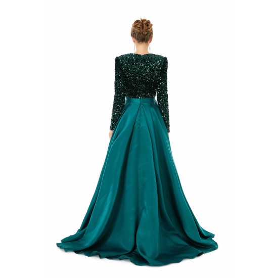 Elegant Long sleeve Deep V-neck Dark green Evening Dress | Ballbella Real Shooting