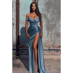 Sexy Dusty Blue Long Off-the-shoulder High Split Prom Dresses