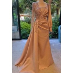 Elegant Long Sleeves Prom Dress Floral Evening Party Dress with Side Sweep Train