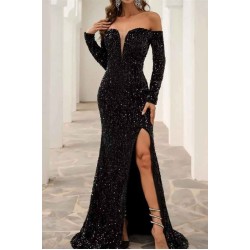 Stunning Off The Shoulder Black Prom Dress Sequined Front-Split Evening Gowns With Long Sleeves