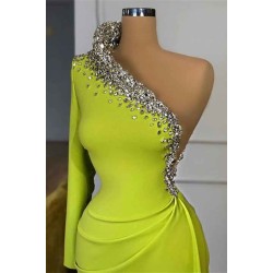 Yellow Green Long Sleeves One Shoulder Prom Dress Mermaid With Beads