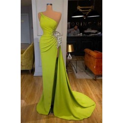Yellow Green One Shoulder Mermaid Prom Dress Long Split With Beads