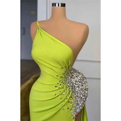 Yellow Green One Shoulder Mermaid Prom Dress Long Split With Beads