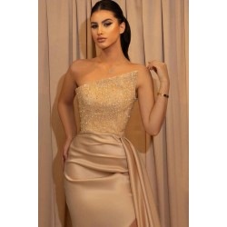 Elegant Strapless Champagne Mermaid Prom Dress Slit Long With Sequins Beads