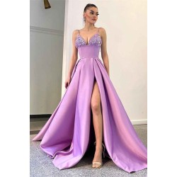 Lilac Spaghetti-Straps Sleeveless Prom Dress Split Long With Sequins