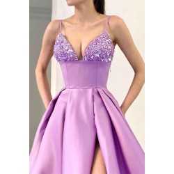 Lilac Spaghetti-Straps Sleeveless Prom Dress Split Long With Sequins