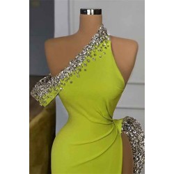Yellow Green One Shoulder Mermaid Prom Dress Slit Long With Crystals