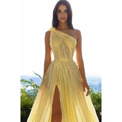 Glittering One Shoulder Daffodil Sequins Prom Dress Long Split Online