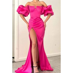 Fuchsia Off-the-shoulder Bubble Sleeves High split Long Mermaid Prom Dress