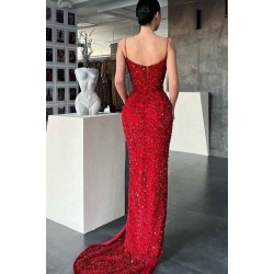 Burgundy Spaghetti-Straps Mermaid Prom Dress Long Sequins Evening Gowns With Split