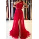 Red One Shoulder Tulle Prom Dress Long Mermaid Appliques Evening Gown With SPlit