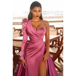 One Shoulder Satin Front Split Evening Party Dresses with Sweep Train