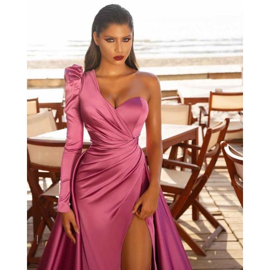 One Shoulder Satin Front Split Evening Party Dresses with Sweep Train