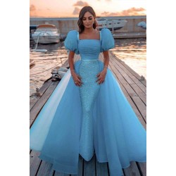 Sky Blue Princess Mermaid Evening Gowns with Sweep Train Short Sleeve Party Gowns