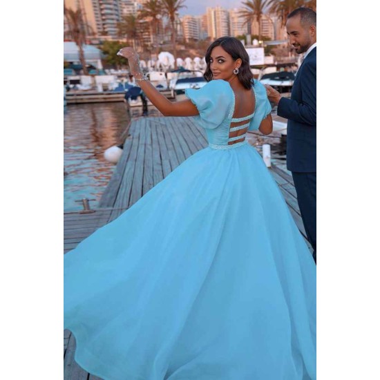 Sky Blue Princess Mermaid Evening Gowns with Sweep Train Short Sleeve Party Gowns