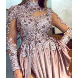 Graceful High Neck Lace Appliques Prom Dresses With Split See Through Evening Gowns