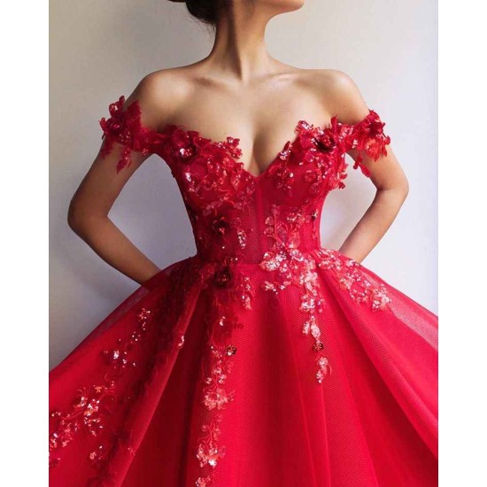 Gorgeous Ball Gown Off-the-Shoulder Applique Flowers Evening Dresses