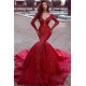Gorgeous Long Sleevess Mermaid Evening Dresses with Train Hot Backless Lace Crystal Prom Dresses