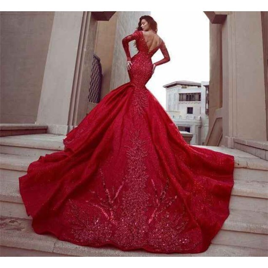 Gorgeous Long Sleevess Mermaid Evening Dresses with Train Hot Backless Lace Crystal Prom Dresses