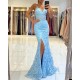 V-neck Sky Blue High Split Special Lace Design Evening Dress
