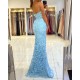 V-neck Sky Blue High Split Special Lace Design Evening Dress