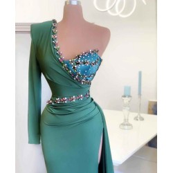 Chic One Shoulder Mermaid Evening Gown Green Party Dress