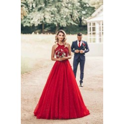 Red Halter Glitter A-lin Evening Gown Charming Sleeveless Floor Length Party Dress