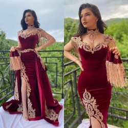 Wine red evening dresses long Yellow Floral Appliques Velvet evening wear On Sale