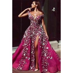 Luxurious Fuchsha Sparkle Sequin Off-the-shoulder Overskirt Evening Dress