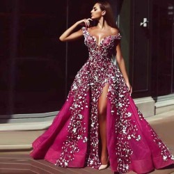 Luxurious Fuchsha Sparkle Sequin Off-the-shoulder Overskirt Evening Dress