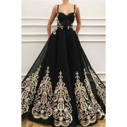 New Black Sweetheart A-line Evening Dress with Golden Lace Appliques