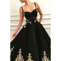 New Black Sweetheart A-line Evening Dress with Golden Lace Appliques