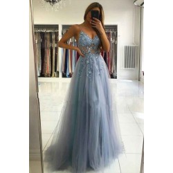 Illusion neck Storm Blue V-neck Tulle See-through Evening Dress