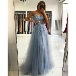 Illusion neck Storm Blue V-neck Tulle See-through Evening Dress