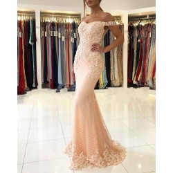 Off-the-shoulder Pink Lace Appliques Mermaid Evening Dress
