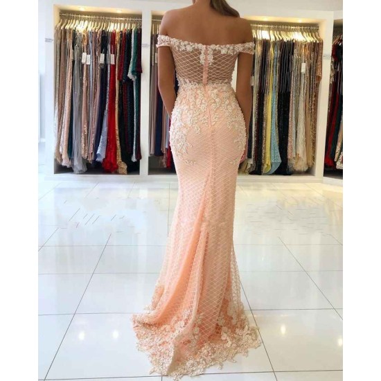 Off-the-shoulder Pink Lace Appliques Mermaid Evening Dress