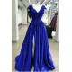 Royal Blue Cap sleeves V-neck High split A-line Evening Dresses