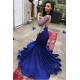 Gorgeous High Neck Sparkle Appliques Prom Dresses Sheer Tulle Backless Fit and Flare Evening Gowns