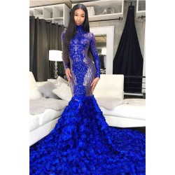 Sparkle Sequins Blue Flowers Fit and Flare Prom Dresses Appliques High Neck Long Sleeves Evening Gowns