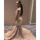 Sparkling Crystal Appliques Straps Prom Dresses Open Back Fit and Flare Evening Gowns