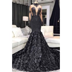 Unique Lace Appliques Flowers High Neck Prom Dresses Sheer Tulle Fit and Flare Evening Gowns