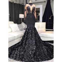 Unique Lace Appliques Flowers High Neck Prom Dresses Sheer Tulle Fit and Flare Evening Gowns